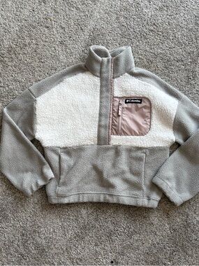 Columbia Kids Two-Tone Sherpa Pullover Hoodie - Gray, White, Tan Pocket